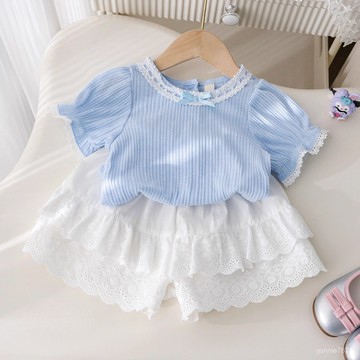 【夏日新貨】女童韓版套裝夏季新款時髦洋氣花邊短袖T恤重工提花褲裙兩件套潮女童夏裝套裝 女童休閒套裝 兒童兩件式 韓版