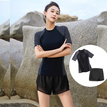 比基尼妮.丹娜素短袖二件式速乾短褲泳衣泳裝(M-3L)