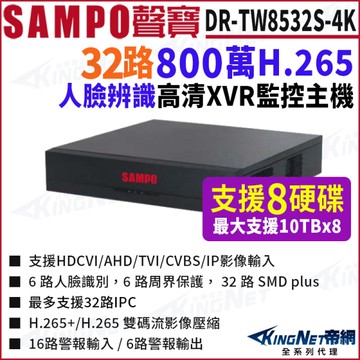 SAMPO聲寶 DR-TW8532S-4K 32路 4K-N/5MP 人臉辨識 支援8硬碟 XVR 錄影主機 DVR KingNet帝網