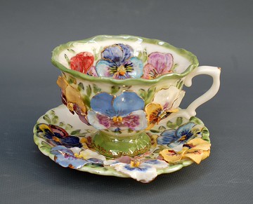 三色紫羅蘭杯碟瓷花茶具五彩紫羅蘭