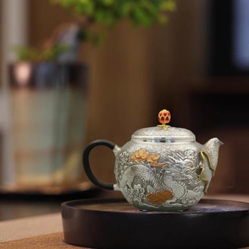 阪造 純銀小茶壺 銀質泡茶壺 純手工做舊龍鳳茶壺 茶具精致足銀99