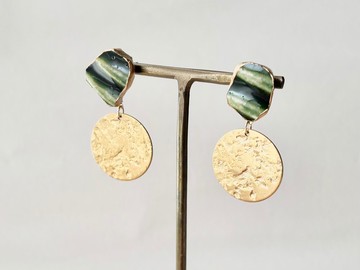 織部燒 金繼 醫療級不鏽鋼耳針 深綠色 金色 傳統工藝 No.390