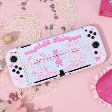 SWITCH OLED保護殼茶話會可愛白色硬殼 NS保護套底座保護殼