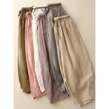 復古拼色苧麻哈倫褲女夏季松緊腰寬松休閑九分褲亞麻雙層燈籠褲子