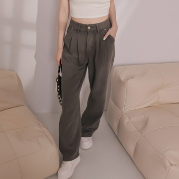 丹寧雙打褶直筒寬褲-煙灰【KT201363】