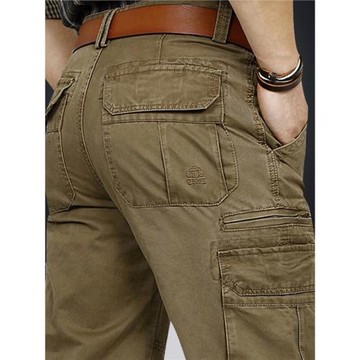 春秋潮牌休閑工裝褲男純棉多口袋厚款中年彈力大碼寬松直筒長褲子