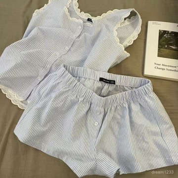綺夢織語🌙 ins韓係條紋花邊領背心純棉睡衣夏季新款吊帶短褲少女家居服套裝睡衣 夏季睡衣