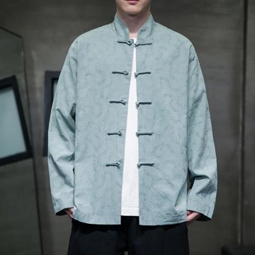 中國風盤扣立領提花漢服長袖襯衫