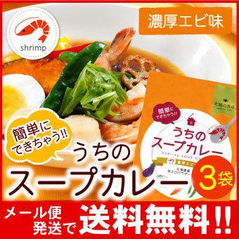 メール便 送料無料 札幌の食卓 うちのスープカレー（濃厚エビ）３袋（６食入）MIXスパイス付き（代引不可・着日指定不可・同梱不可）