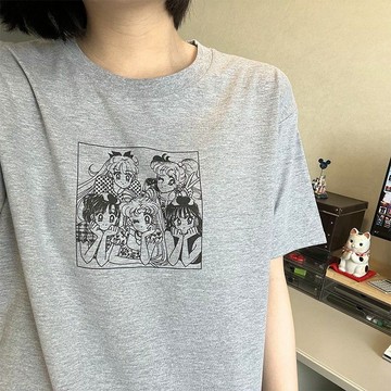 日系美少女戰士復古簡約印花灰寬鬆棉T恤上衣