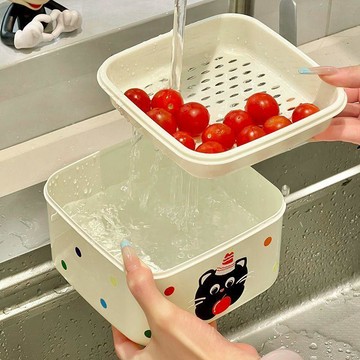 🌷瀝水籃 🌷多巴胺學生宿舍追劇神奇桌面垃圾桶小型雙層瀝水果籃可愛小貓造型瀝水籃 瀝水架\t瀝水盤 洗菜瀝水盆