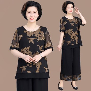 200斤胖媽媽夏裝套裝加肥加大碼中老年女夏季雪紡小衫兩件套
