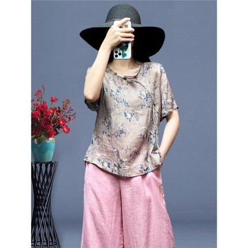 洛云謠夏季原創復古文藝印花盤扣輕薄小衫寬松苧麻短袖上衣襯衫女