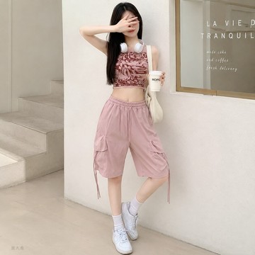 多巴胺工裝褲2026夏季新款學生韓版寬鬆時尚韓版潮流運動五分褲 韓系寬版修身休閒褲 夏季五分短褲 工裝短褲