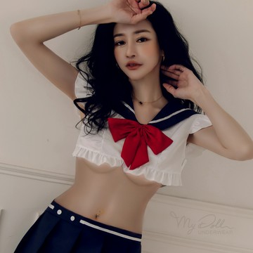XS-L 角色扮演【蘿莉學院】校園誘惑水手服+小領結+迷你短裙+雪紡絲襪 四件組 (白色) MyDoll