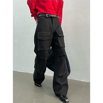 yghome高級感重磅多口袋高腰寬松工裝褲男直筒百搭休閑闊腿長褲潮