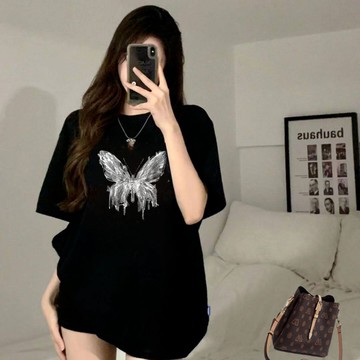 【現*貨】Plump 100kg內可穿 冰絲 美式 復古 潮牌 印花 黑色短袖T恤 寬松上衣 ins 女生上衣