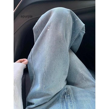 台灣出貨💖淺藍燙鑽重工直筒牛仔褲女春季新款寬鬆顯瘦休閒百搭寬褲子