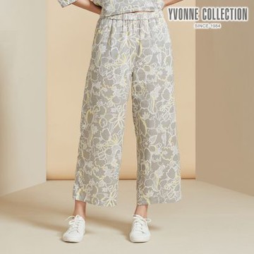 YVONNE 以旺傢飾 雙層棉印花九分褲-寧靜灰