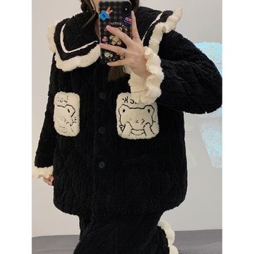 秋冬季珊瑚絨三層夾棉睡衣女加絨加厚冬天款法蘭絨保暖家居服套裝