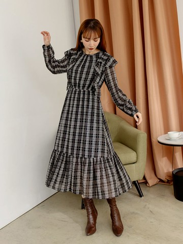 微透膚格紋層次荷葉造型綁帶洋裝