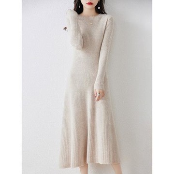 羊絨連衣裙女100純羊毛圓領收腰過膝百搭洋氣羊絨大擺打底毛衣裙