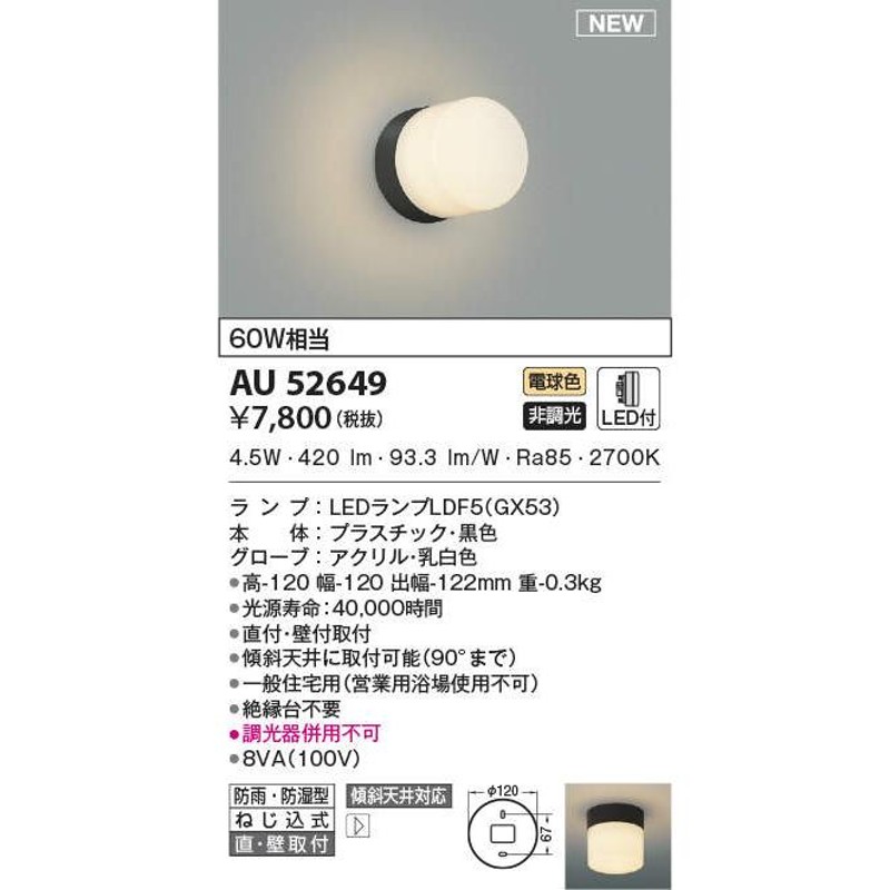 63%OFF!】 コイズミ AU52540 LED一体型 非調光 防雨型 直付 壁付取付 傾斜天井取付可能