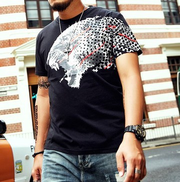 FINDSENSE H1 2018 夏季 新款 潮胖子 個性霸氣獵豹印花 加肥 加大碼T恤 透氣寬鬆短袖 休閒上衣 潮男