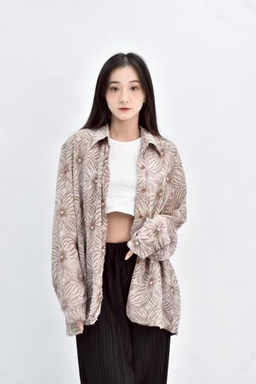 【加購優惠】(L) 紡紗透膚滿印排扣棕色外套