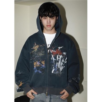 MADEEXTREME重磅美式涂鴉開衫衛衣街頭潮牌搖滾洗水做舊連帽外套