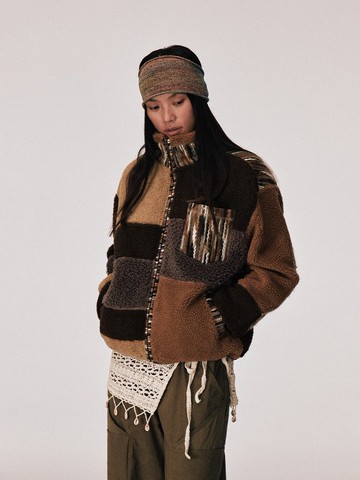 日系復古 / 拼接條紋立領保暖外套 / 羊羔毛