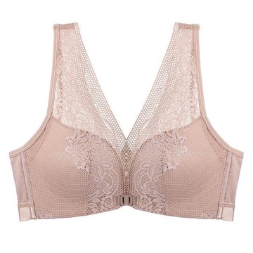 法國趣安芬文胸大碼無鋼圈前扣大胸顯小內衣女士法式蕾絲夏季薄款
