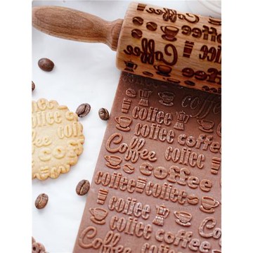 網紅北歐森系卡通咖啡豆coffee深雕印花壓花櫸木搟面杖親子餅干模