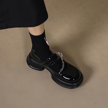 厚底瑪麗珍小皮鞋女2023春季新款珍珠鏈條百搭英倫樂福鞋jk制服鞋