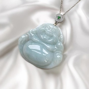 糯綠翡翠彌勒佛925純銀鑲嵌項鍊 | 天然緬甸玉翡翠A貨 | 送禮