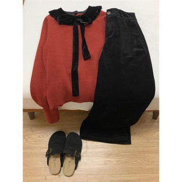 絲絨圓領蝴蝶結拼接長袖針織衫毛衣女秋冬內搭氣質甜美打底衫上衣