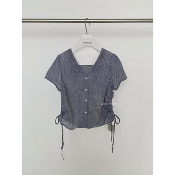 清倉特價~v領側邊抽繩短袖上衣女士夏季休閑寬松減齡小個子小衫