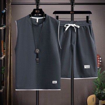 新品【夏季】兩件套男背心坦克套裝男士夏季潮牌寬鬆無袖T恤背心短褲休閒運動裝