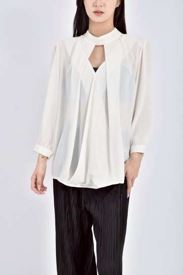 (M) 質感雪紡珍珠白色長袖上衣