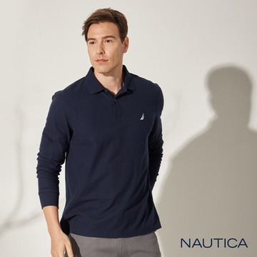 Nautica男裝 吸濕排汗百搭素面長袖POLO衫-深藍