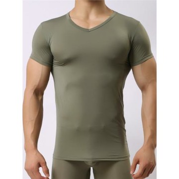 絲滑彈力男士冰絲短袖T恤緊身性感超薄潮男V領打底上衣家居半袖衫