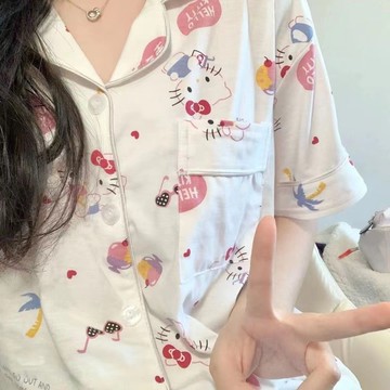 睡衣女 居家服 女生睡衣 卡通睡衣睡衣女夏季開衫短袖2025年新款夏款卡通貓咪ins風家居服學生套裝