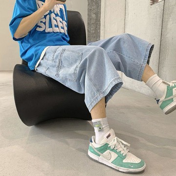 【闊腿褲】牛仔短褲男夏季寬鬆直筒潮牌潮流闊腿七分褲多口袋工裝休閒百搭褲
