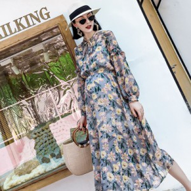 マタニティ ワンピース マタニティウェア ロングワンピース ミモレ丈 総花柄 長袖 シフォン フレア リボンタイ ママ ベビー リゾート 海 通販 Lineポイント最大1 0 Get Lineショッピング