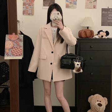 【小歡喜Little Joy】S-3XL西裝外套女 杏色新款寬鬆西裝外套 黑色簡約時尚外套 卡其外套