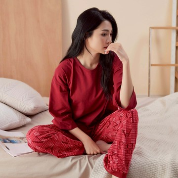 [Banana Pie]-Banana Pie X 美國棉 家居服(素面韓版上衣+印花褲)-千鳥紅