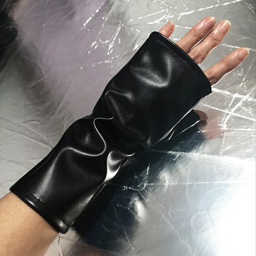28cm漆皮半指手套中長款仿真皮鏡面PU亮粉色無指半掌過肘防曬演出