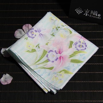 京織日本製淡雅清新百合花純棉女士棉質印花方巾手帕 薄 汗巾43CM