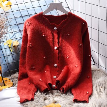 紅色小清新毛衣外套女寬松慵懶風春秋2022新款韓版短款針織衫開衫