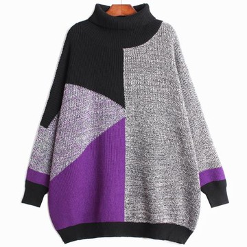 撞色高領套頭毛衣女秋冬外穿寬松慵懶風大碼中長款內搭打底針織衫